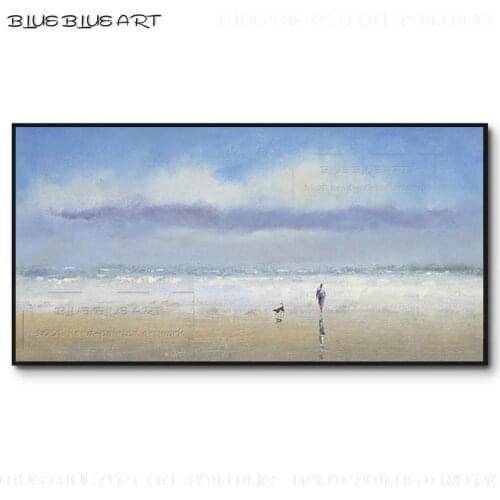 Hand-painted High Quality Impressionist Wall Art A Man and Dog Walking on Beach Acrylic Painting Walk with Pet Acrylic Painting