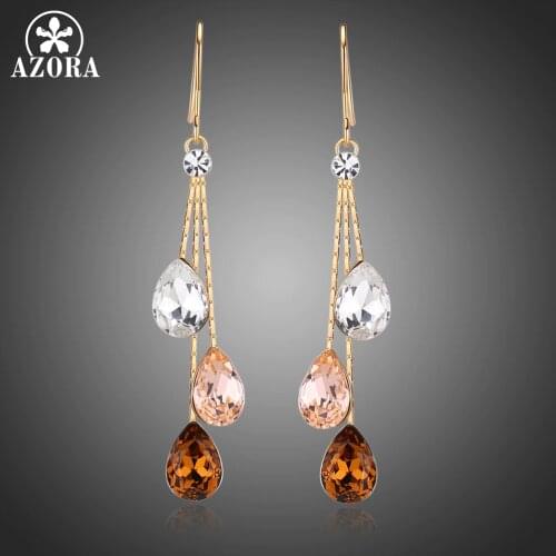 AZORA Korean Three Water Drop Dangle Earrings Multicolor Austrian Crystals Luxury Wedding Earing for Brides TE0348