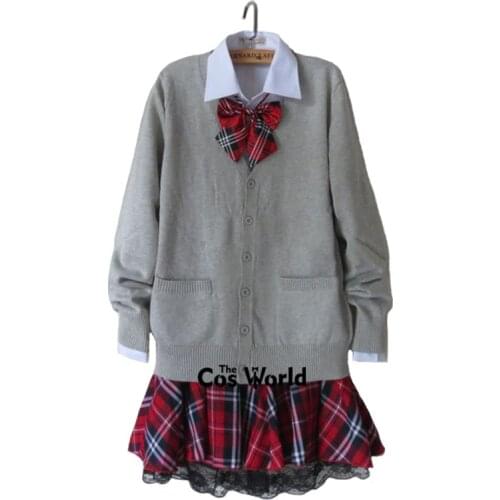 Preppy Style Student Class Japan JK High School Uniform Winter Gray V-Neck Cardigan Red Plaid Skirt White Shirt Suits