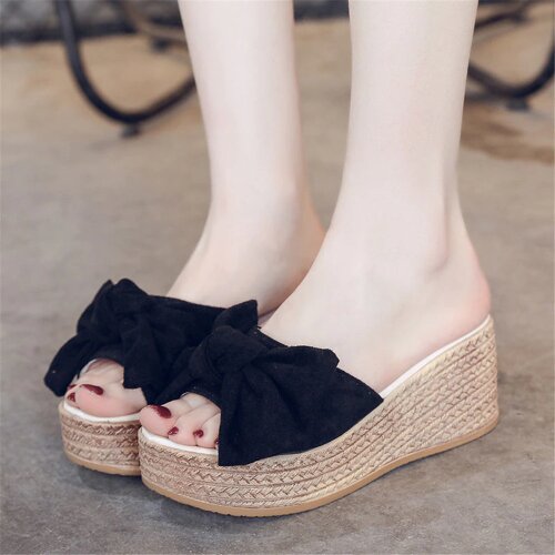 Women Summer Slides Wedges Clog Shoes Shoes Female Platform Mules Sweet Bowties Slippers Sandalias Mujer Sapato Feminino Black