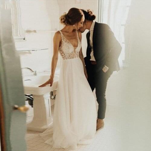 MYYBLE A Line Boho Wedding Dress With Pearls Bride Dress 2021 Backless Princess Long Boho Floor Length Wedding Gown