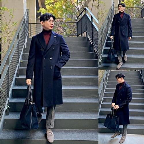 Navy Woolen Overcoat Mens Singal Breasted Thick Loose Long-Length Warm Casual England Style Trench Winter Coat Male Jacket