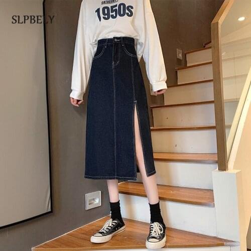 SLPBELY High Waist Women Long Denim Skirt 2021 Summer Black Split Casual Jean Skirts For Ladies Jupe Longue Femme Streetwear