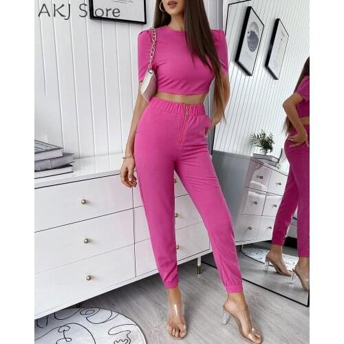 Women Puff Sleeve Crop Top & Zip Front Pocket Design Pants Set