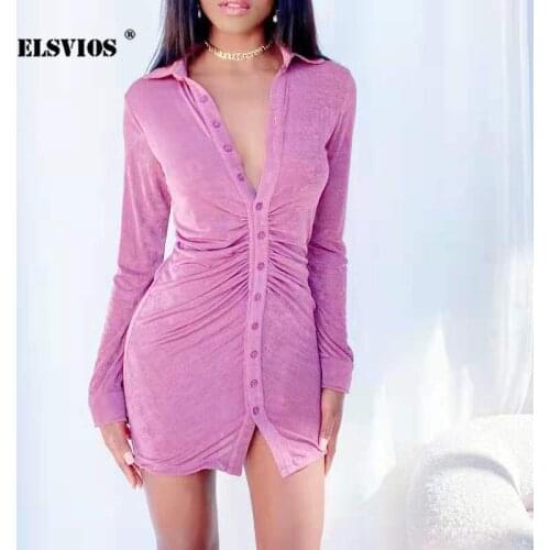 Vestidos Dresses 2021 Fall Spring Sexy Turn-down Collar Slim Bodycon Dress Womens Elegant Solid Long Sleeve Fashion Party Dress