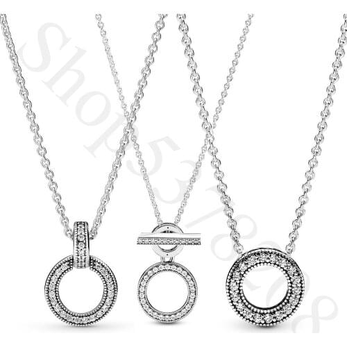 925 Sterling Silver T-bar Double Hoop Logo Pavé Double Circle Fashion Necklace Fit Pandora Women Bead Charm Gift DIY Jewelry