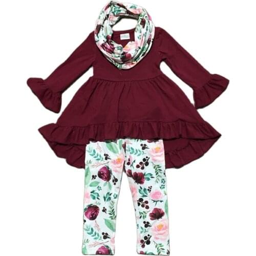 GirlyMax Winter Girl Solid Maroon Dress Floral Pants with Scarf Kids 3 Pieces Set