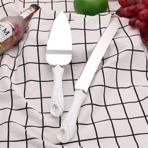 2pcs 10" Wedding Cake Knife and Server Set Stainless steel Cake Bread Scraper Decorating White Long Handle Party Decoration Xmas