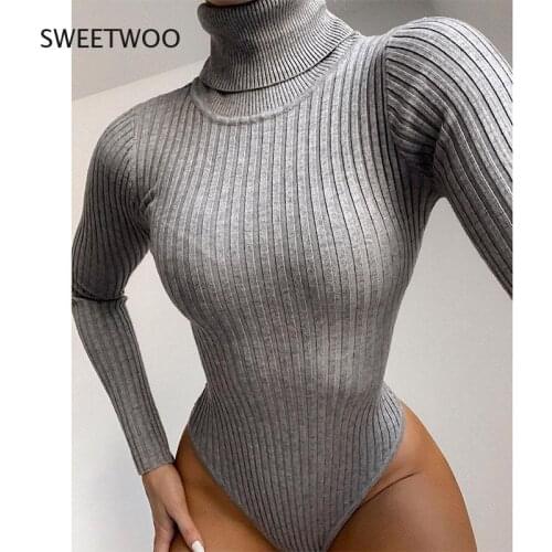 Long Sleeve Turtleneck Bodysuit Women Winter Clothing Ribbed Knitted Skinny Womens Body Gray Black 2021 New Female Outfits
