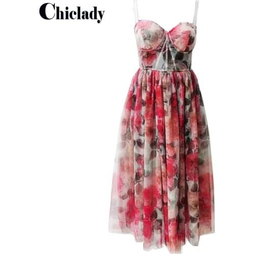 CHICLADY runway designer style spaghrtti srap camisole midi rose flower printed mesh luxury party beauty robe à manches longues