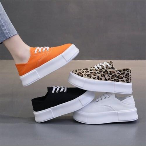 COOTELILI Woman Pumps Canvas 2021 New Fashion Round Toe Non-slip Basic 5cm Heel Lace Up Platform Women Shoes Leopard Print 35-40