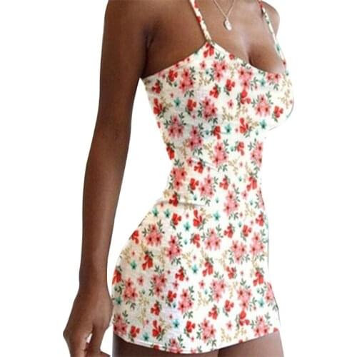 Women Spaghetti Strap Sexy Bodycon Mini Dress Boho Camo Floral Print Sundress