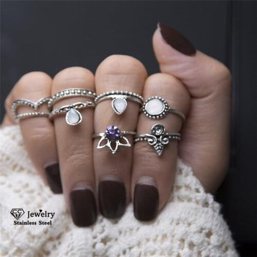 CC 8pcs/Set Rings For Women Finger Ring Bohemain Antique Arrow Leaf Carved Fine Jewelry Knuckle Luxury Bijoux Flower Shape YH700