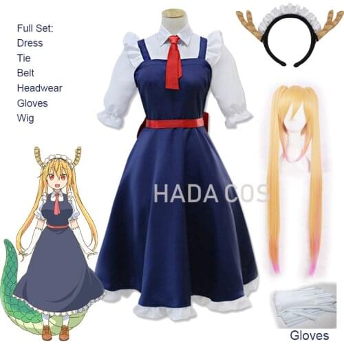 Anime Miss Kobayashis Dragon Maid Toru Cosplay Costume Wig Dress Dragon Tail Headwear Accessories Halloween Carnival Costumes
