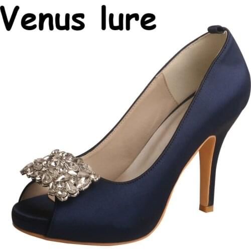 Hot Selling Wedding Platform Heels for Ladies 10CM Heel Navy Peep Toe Pumps 10CM