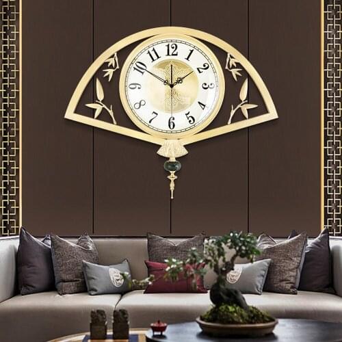 Living room wall clock Chinese style fan-shaped wall clock copper bamboo leaf decoration creative Chinese style clock wall clock