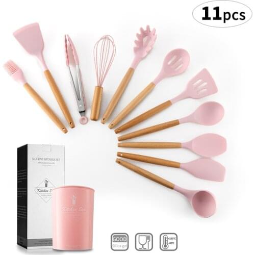 New Solid Wood Handle With Storage Bucket Pink Silicone Kitchenware New Color Kitchen Utility Tool