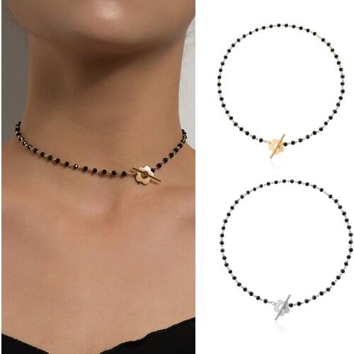 Black Crystal Bead Choker Necklace Women Girl OT Buckle Flower Pendant Short Necklaces Clavicle Chain Simple Fashion Jewelry