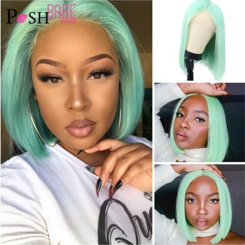 Short Green Colored T Part Lace Wig Remy Brazilian Hair Straight Bob Wig 13x1 Swiss Lace Wigs For Women Human Hair Pre Plucked