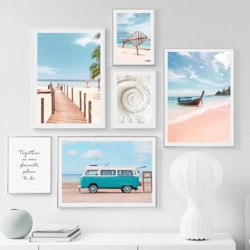 Parasol Seagull Beach Surfboard Starfish Boat Posters and Prints Wall Art Canvas Painting Wall Pictures for Living Room Decor