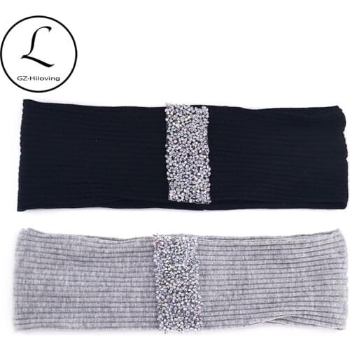 Boho Woman Cotton Ribbed Headband Headwear Ladies Stretch Rhinestones Hairband Wide Turban Hair Wrap for Women Hair Accessories