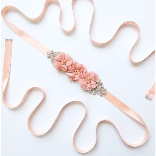 Pearl Rhinestone chiffon fabric flower Bride Belts with Long Polyester Ribbon Girls Wedding Sashes Floral Belt Dress Decor