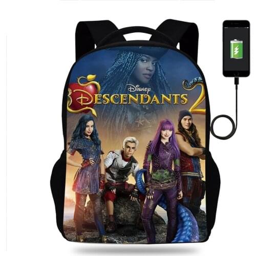 Disney Descendants USB Charging Backpack Unisex Women Men Multifunction Laptop Backpack School Daily Travel Bags for Boys Girls