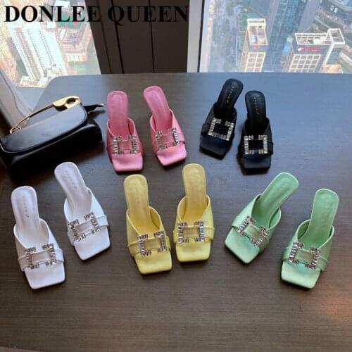 Fashion Square Toe High Heel Slippers Women Peep Toe Slide Summer Candy Color Sandal Ladies Elegant Mule Shoes Casual Flip Flops