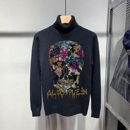 100% Thick Mens Turtleneck Sweater Slim Sweatshirt Hot Drill Skull Camouflage Personality Pullover Cashmere
