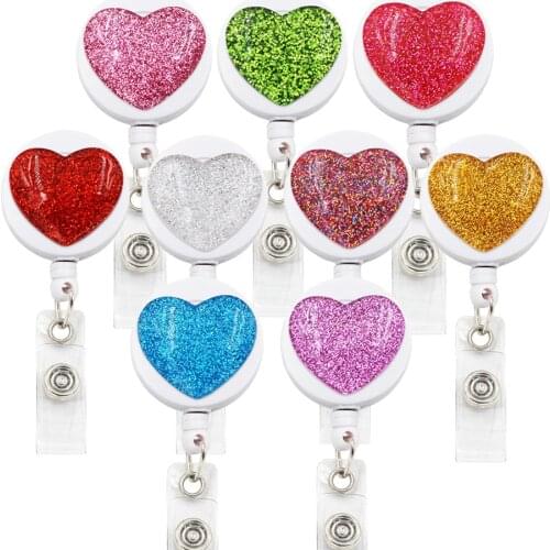 9pcs Retractable Badge Holder Bling Heart Pull ID Card 3D Badge Holder For Nurse Student Hospital Office