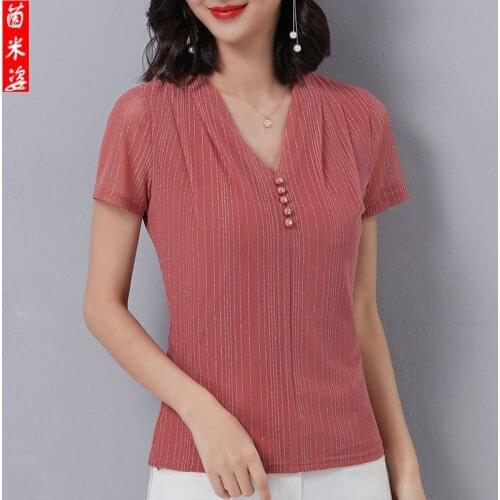 Woman TShirts 2021 Summer Womens Flash Silk V-neck Top Womens Summer Bright Silk Short Sleeve T-shirt Crop Top Mujer Camisetas