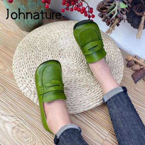 Johnature Flats Women Shoes Genuine Leather 2021 New Spring/Autumn Round Toe Shallow Concise Handmade Comfortable Ladies Shoes