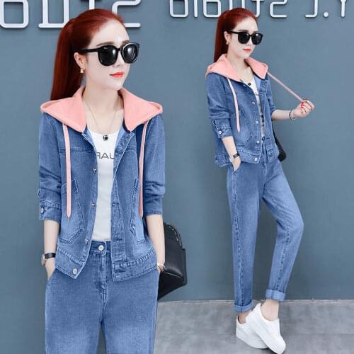 Fashion Hooded Denim 2 Piece Sets Women Outfit Spring Autumn Casual Long Sleeve Jean Jacket + Elastic Waist Jeans Fashion Suit