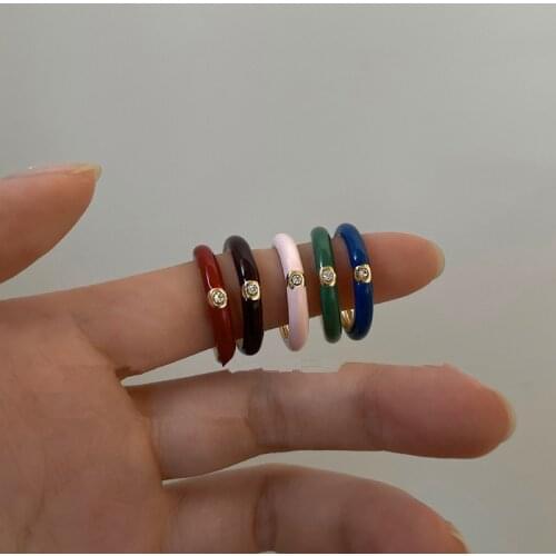 AOMU 1SET 2021 Korea Fashion Colorful Drip Glaze Crystal Rings for Women Girls Spring New Green Purple Ring Set Jewelry Gift