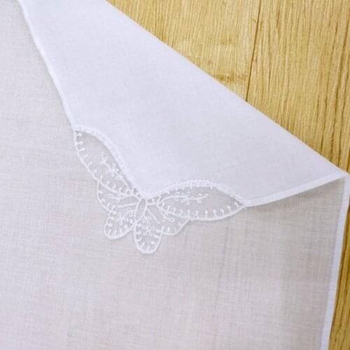 28x28cm Women Plain White Square Handkerchiefs Crochet Butterfly Lace Corner Bridal Wedding DIY Cotton Napkin Pocket Hanky