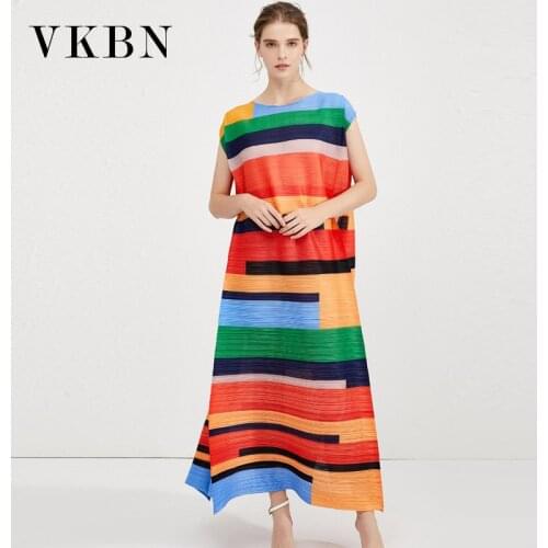 VKBN 2021 New Spring and Summer Long Dress High Street Patchwork Off The Shoulder Folds Dresses Woman