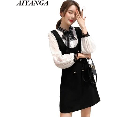 New Elegant Faux 2 Pieces Strap Dress For Women Autumn Dress 2018 Patchwork Chiffon Lace Up Lace Bow Slim Office Lady Dresses