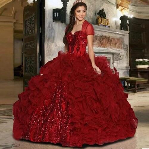 Vestidos de quinceañera Burgundy Quinceanera Dress with Bolero Sequins Ruffles Skirt Vestidos 15 anos Prom Dress
