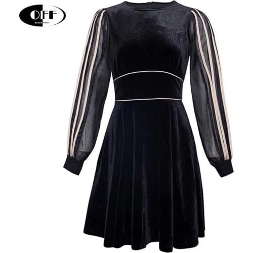 Autumn Spring Velvet Woman Dress High Waist Stripe O-Neck Long Sleeve Black Casual Streewear Dresses Women Female Robe Plus Size