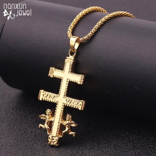 Gold Catholic Caravaca Crucifix Orthodox Cross Necklace Pendant Cherub Angel Christian Necklaces For Men Women
