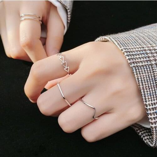 100% Real 925 Sterling Silver Simple Geometric Open Rings Triangle Hexagon Wave Double layers Adjustable Ring for Women