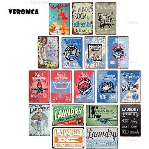 20X30Cm Fifties Comic Style Retro Laundry Sign Wall Stickers Decor Metal signs Vintage Plaque Poster Laundry Room Decor Plate
