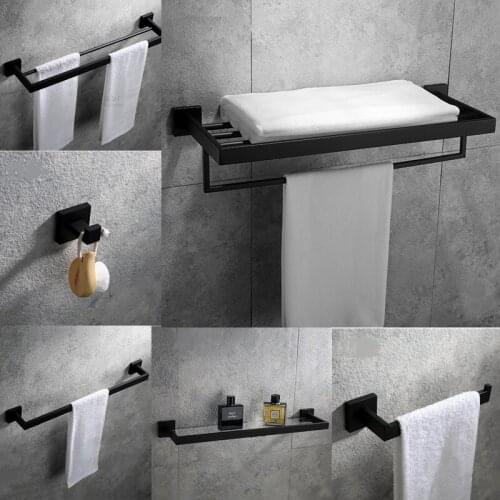 304 Stainless Steel Towel Shelf Black Paint Towel Bar Simple Glass Shelf Bathroom Accessories Wall Mounted Shower Caddy Rack