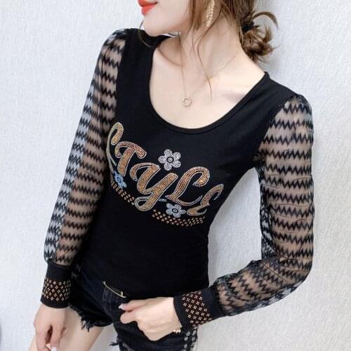 #5704 Black Red See Through Lantern Sleeve T Shirt Women Sexy Basic T Shirt For Girl O Neck Slim Diamonds Korean Fashion Spring