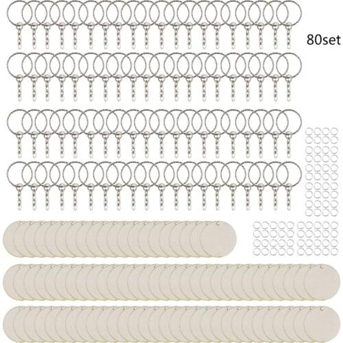 80Pcs/Set Keychain Wood Pendant Blanks Round Key Chain Tags Keyrings for DIY Key Crafts Supplies Christmas Decorations Ornaments