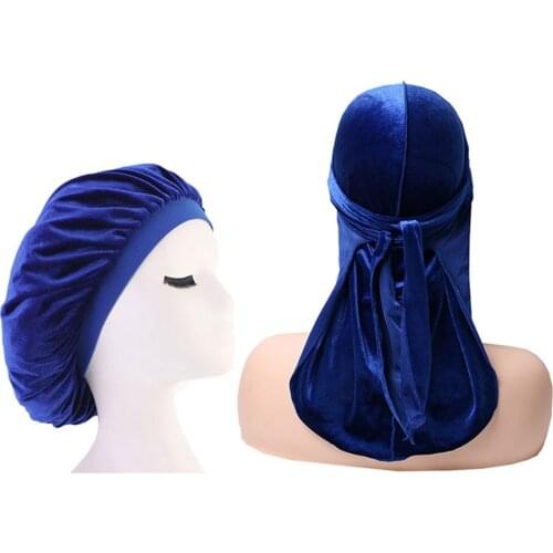 Velvet Durag And Bonnet 2pcs Set Women Sleep Cap and Men Doo Rag