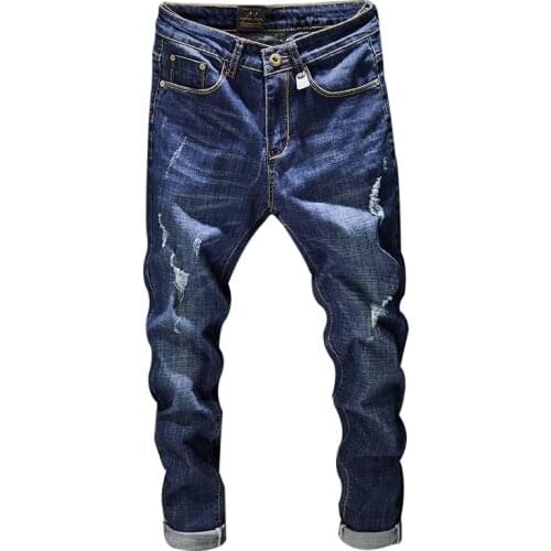 Brand denim biker jeans men Slim Fit Washed Vintage Ripped jeans for men Elastic Denim Pants skinny jeans men