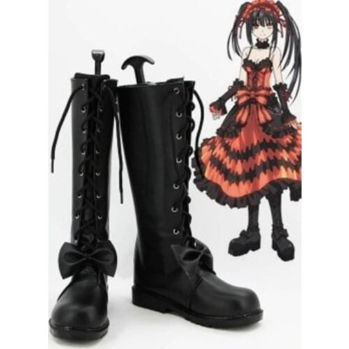 Date A Live Cosplay Tokisaki Kurumi Black Cosplay Boots Shoes Anime Party Cosplay Boots Custom Made Women Flat Long Shoes