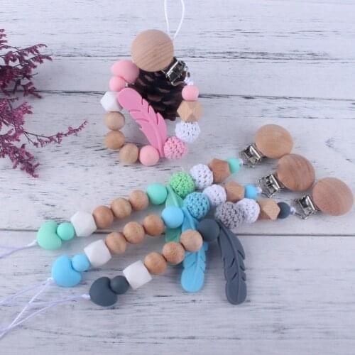 Infant Anti-lost Nipple Toys New Silicone Pacifier Chain Baby Wooden Pacifier Clip Feather Teething Beads Nipple Clip Chain
