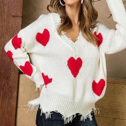 European Style Sweet-Heart Sweater Woman V-Neck Long Sleeve Pullover Tops Womens Sweaters Winter Clothes